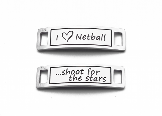 I LOVE NETBALL SHOOT FOR THE STARS - Inspirational Shoe Tag Set
