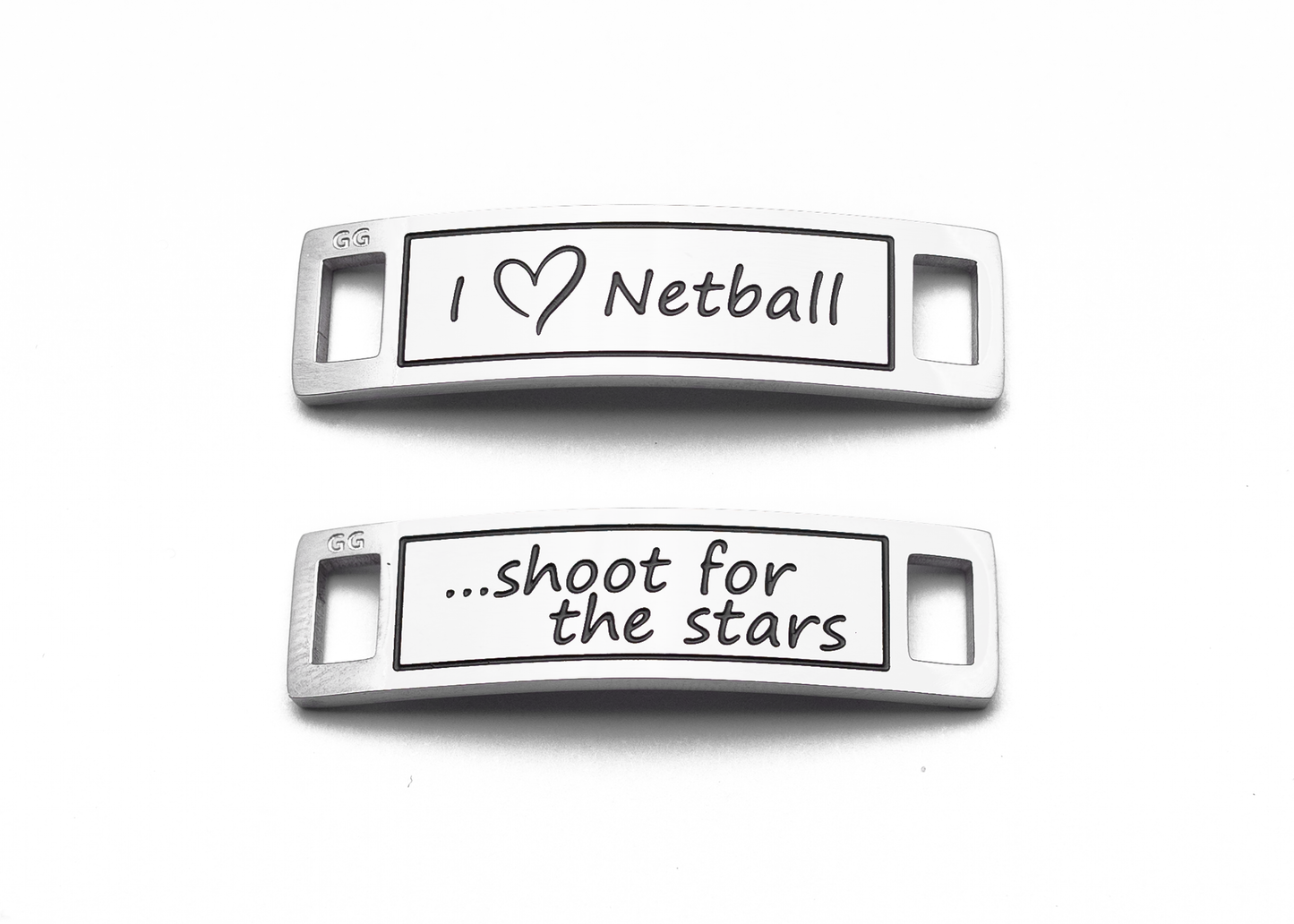 I LOVE NETBALL SHOOT FOR THE STARS - Inspirational Shoe Tag Set